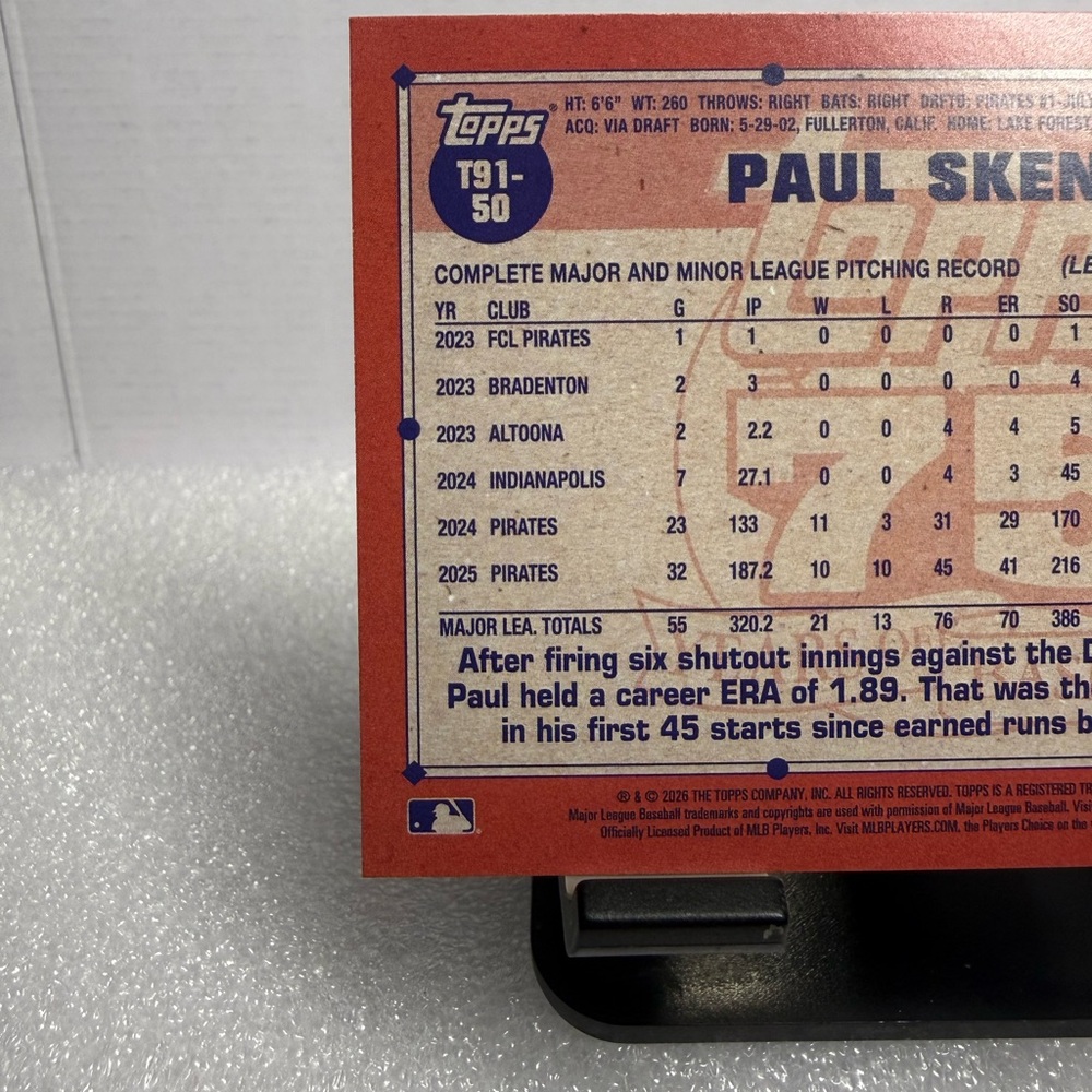 Paul Skenes 2026 Topps Series 1 Paul Skenes Silver Crackle 1991 Topps #T91-50 - Picture 6 of 7